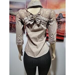 Elisabetta Franchi, Cloves Taupe Size 40/M Lace Trim Button Up Top Blouse #C